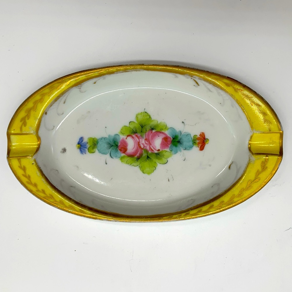 Vintage AJC Decor Main Limoges France Porcelain Ashtray Trinket Floral Signed